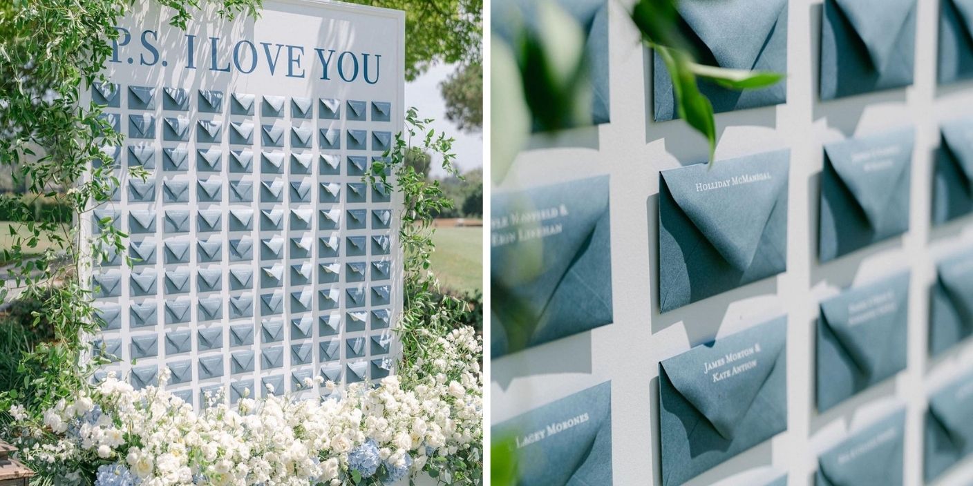 Plan de table élégant pour mariage avec enveloppes personnalisées et décoration florale